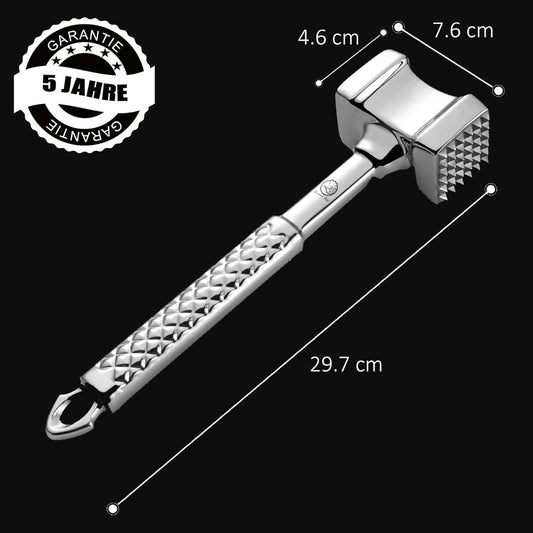 Fleischklopfer Edelstahl spülmaschinenfest - Original Design - Doppelseitiger Schnitzelklopfer ideal für Schnitzel, Koteletts, Steaks - Fleischhammer mit 5 Jahre Garantie