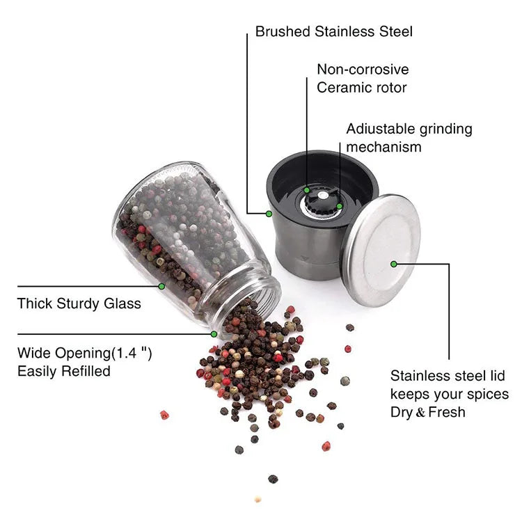 Gewürzmühle 2er Set mit einstellbarem Keramikmahlwerk - Pfeffermühle Edelstahl Pfeffermühle Pfeffermühle Salzmühle Pfeffermühle Salz Pfeffer Mühle